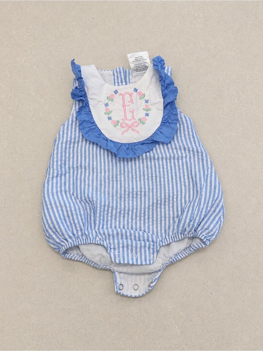 Adorable Blue Stripe Smock Romper/Onesie with E Monogram - 6M